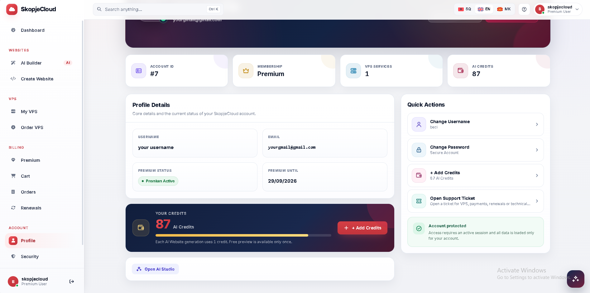 Credits & Quick Actions